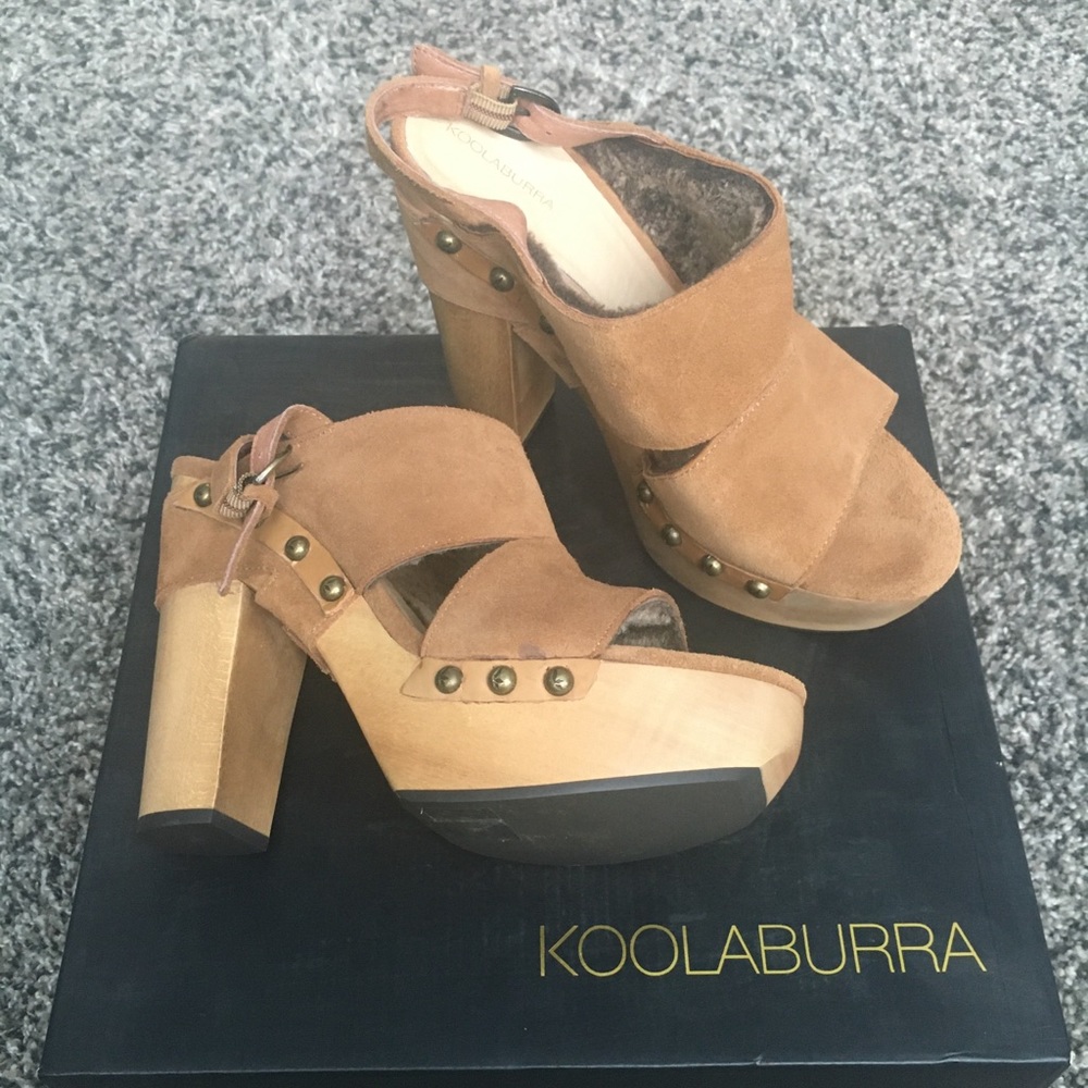 Kookaburra tan suede “Khloe” sheepskin heel